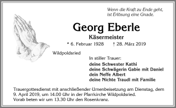 Traueranzeige von Georg Eberle von Allgäuer Zeitung