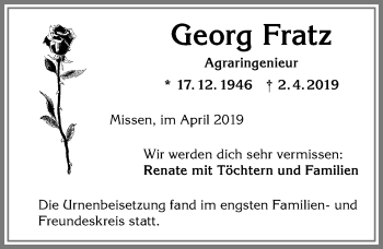 Traueranzeige von Georg Fratz von Allgäuer Anzeigeblatt