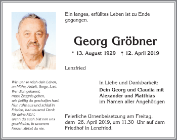 Traueranzeige von Georg Gröbner von Allgäuer Zeitung,Kempten