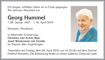 Traueranzeige von Georg Hummel von Allgäuer Zeitung,Kempten