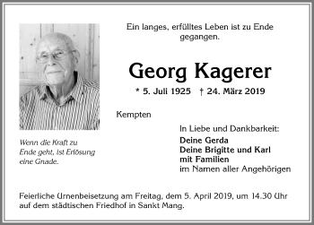 Traueranzeige von Georg Kagerer von Allgäuer Zeitung,Kempten