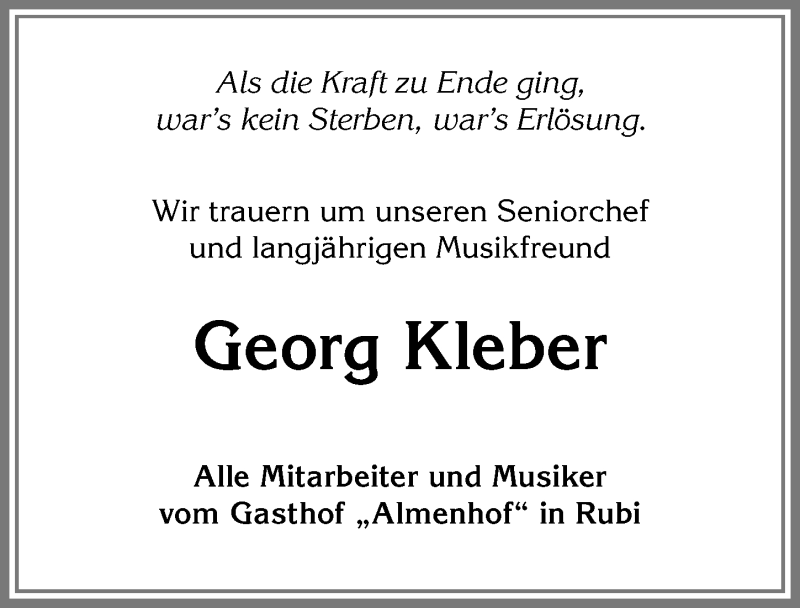  Traueranzeige für Georg Kleber vom 25.04.2019 aus Allgäuer Anzeigeblatt