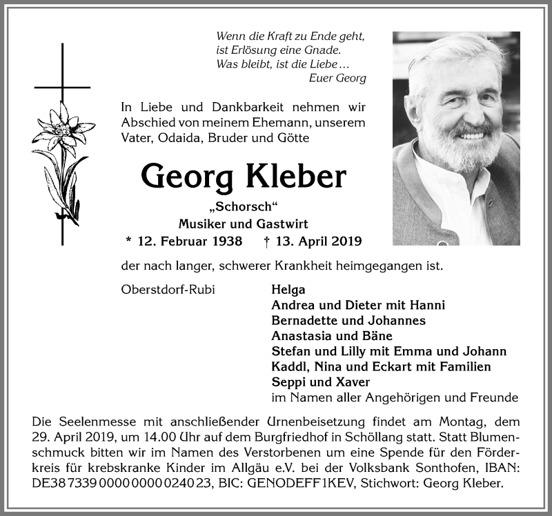  Traueranzeige für Georg Kleber vom 24.04.2019 aus Allgäuer Anzeigeblatt
