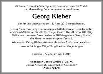 Traueranzeige von Georg Kleber von Allgäuer Anzeigeblatt