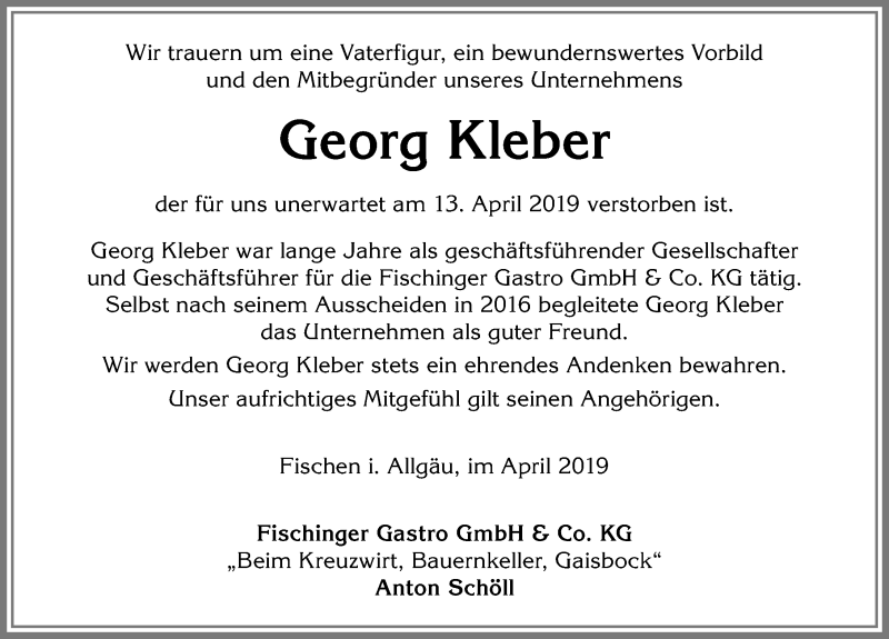  Traueranzeige für Georg Kleber vom 24.04.2019 aus Allgäuer Anzeigeblatt