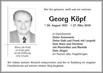 Traueranzeige von Georg Köpf von Allgäuer Zeitung,Kempten