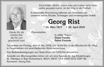 Traueranzeige von Georg Rist von Allgäuer Zeitung, Kaufbeuren/Buchloe