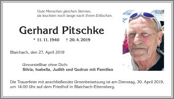 Traueranzeige von Gerhard Pitschke von Allgäuer Anzeigeblatt