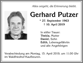 Traueranzeige von Gerhard Putzer von Allgäuer Zeitung, Kaufbeuren/Buchloe