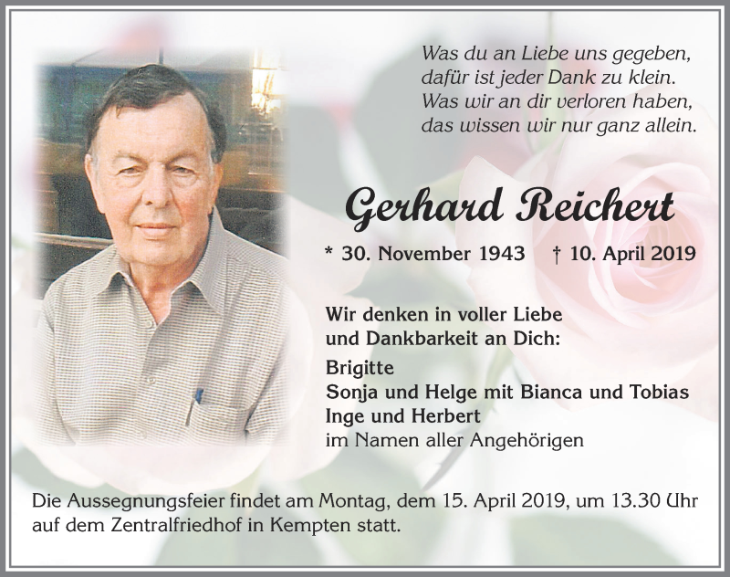  Traueranzeige für Gerhard Reichert vom 12.04.2019 aus Allgäuer Zeitung,Kempten
