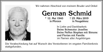 Traueranzeige von German Schmid von Allgäuer Zeitung, Kaufbeuren/Buchloe