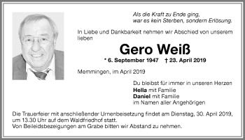 Traueranzeige von Gero Weiß von Memminger Zeitung