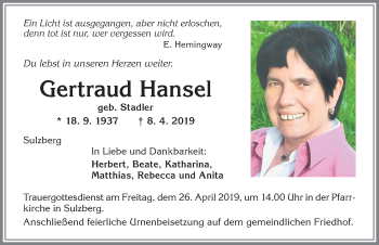Traueranzeige von Gertraud Hansel von Allgäuer Zeitung,Kempten