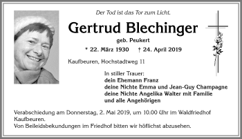 Traueranzeige von Gertrud Blechinger von Allgäuer Zeitung, Kaufbeuren/Buchloe