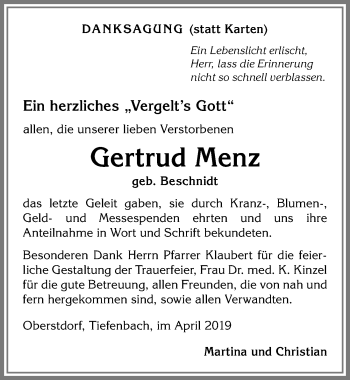 Traueranzeige von Gertrud Menz von Allgäuer Anzeigeblatt