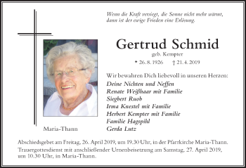 Traueranzeige von Gertrud Schmid von Der Westallgäuer