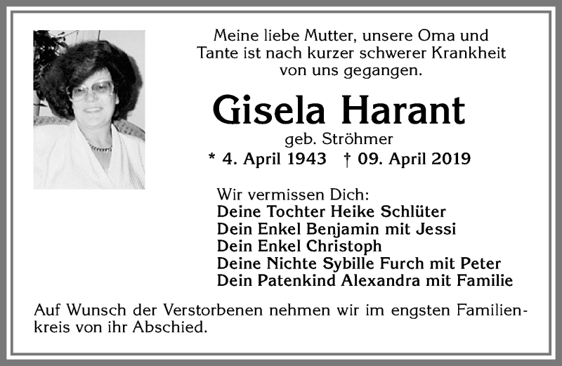  Traueranzeige für Gisela Harant vom 20.04.2019 aus Allgäuer Zeitung, Kaufbeuren/Buchloe