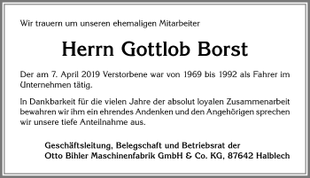 Traueranzeige von Gottlob Borst von Allgäuer Zeitung, Füssen