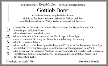 Traueranzeige von Gottlob Borst von Allgäuer Zeitung, Füssen