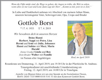 Traueranzeige von Gottlob Borst von Allgäuer Zeitung, Füssen