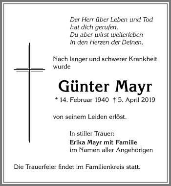 Traueranzeige von Günter Mayr von Allgäuer Anzeigeblatt