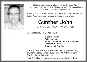 Traueranzeige von Günther John von Allgäuer Zeitung, Marktoberdorf