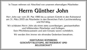 Traueranzeige von Günther John von Allgäuer Zeitung, Marktoberdorf