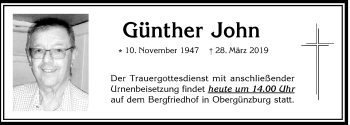 Traueranzeige von Günther John von Allgäuer Zeitung, Marktoberdorf
