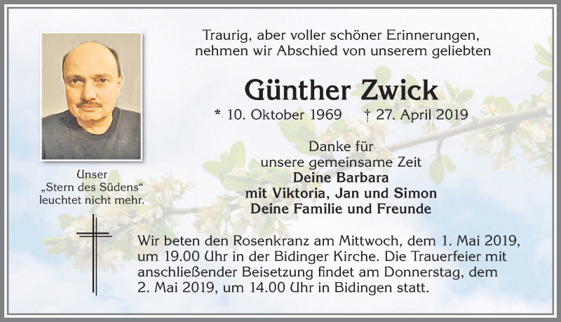  Traueranzeige für Günther Zwick vom 30.04.2019 aus Allgäuer Zeitung, Marktoberdorf