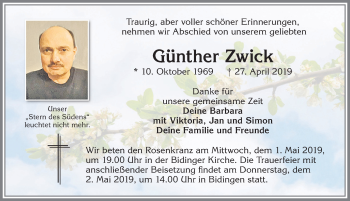 Traueranzeige von Günther Zwick von Allgäuer Zeitung, Marktoberdorf