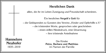 Traueranzeige von Hannelore Neuhofer von Allgäuer Anzeigeblatt
