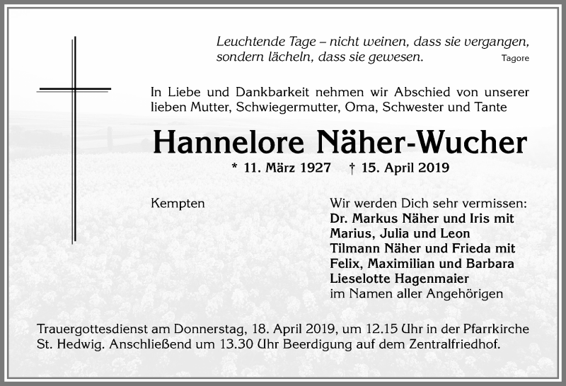  Traueranzeige für Hannelore Näher-Wucher vom 16.04.2019 aus Allgäuer Zeitung,Kempten
