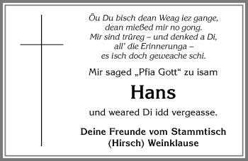 Traueranzeige von Hans  von Allgäuer Anzeigeblatt