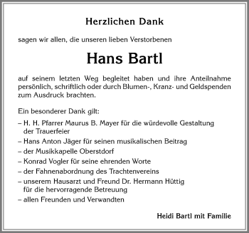Traueranzeige von Hans Bartl von Allgäuer Anzeigeblatt