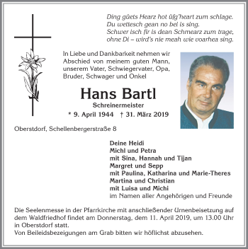 Traueranzeige von Hans Bartl von Allgäuer Anzeigeblatt