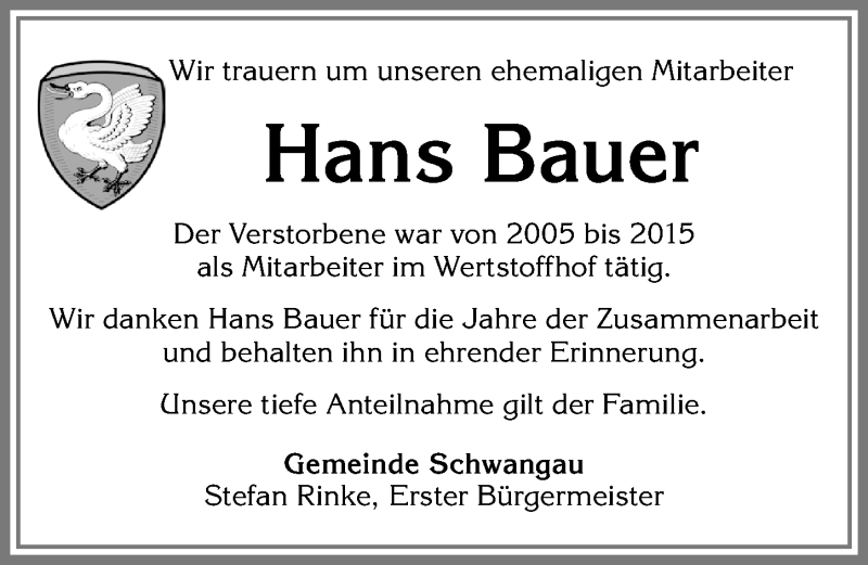  Traueranzeige für Hans Bauer vom 03.04.2019 aus Allgäuer Zeitung, Füssen