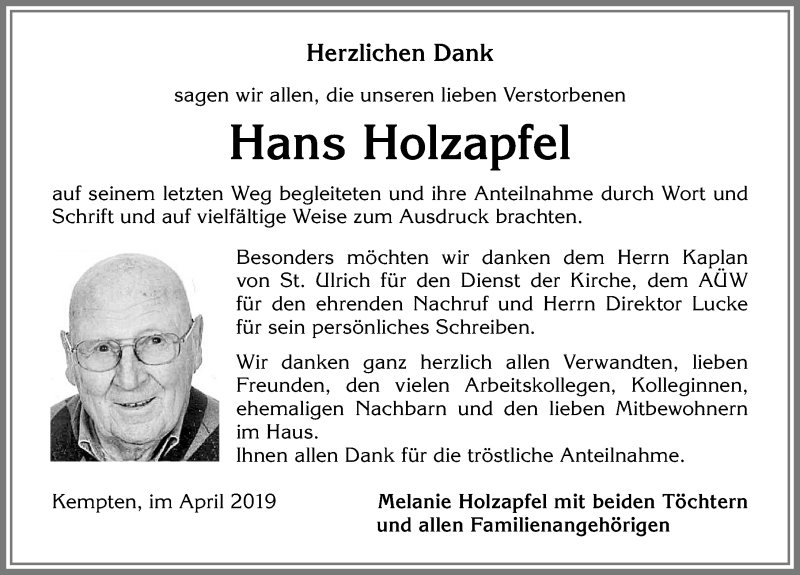  Traueranzeige für Hans Holzapfel vom 13.04.2019 aus Allgäuer Zeitung,Kempten