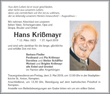 Traueranzeige von Hans Krißmayr von Allgäuer Zeitung,Kempten