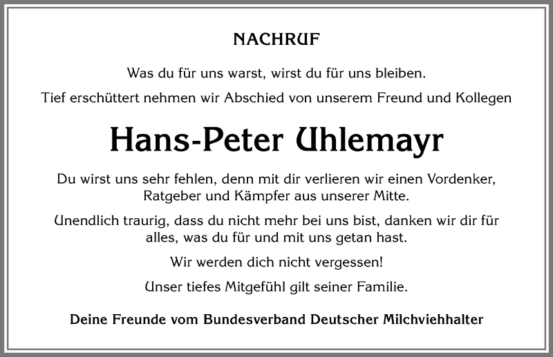  Traueranzeige für Hans-Peter Uhlemayr vom 03.04.2019 aus Allgäuer Zeitung