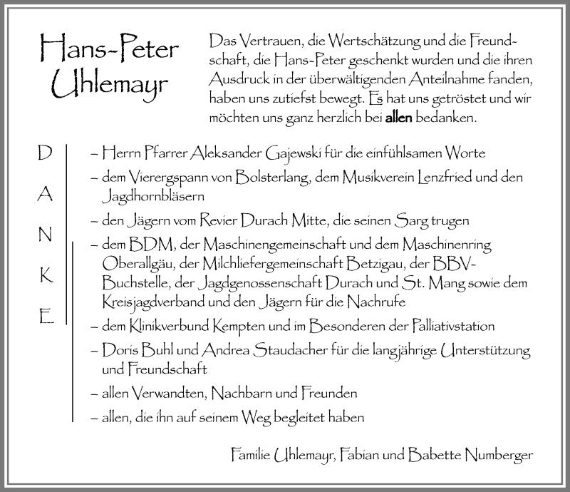  Traueranzeige für Hans-Peter Uhlemayr vom 13.04.2019 aus Allgäuer Zeitung,Kempten