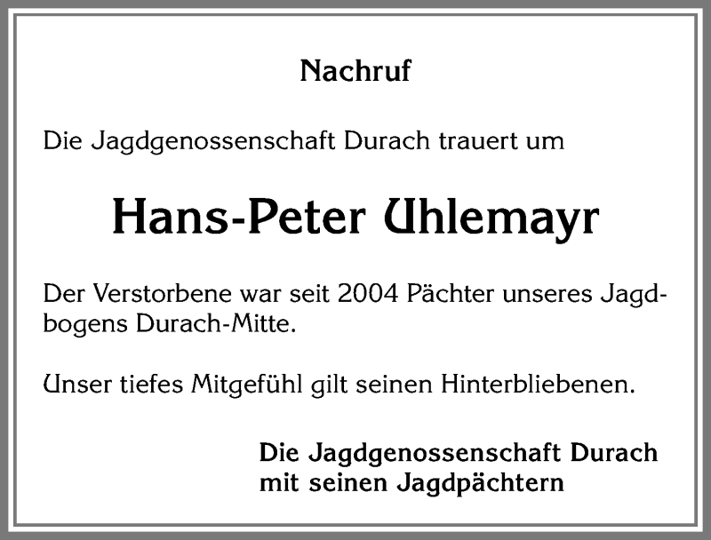  Traueranzeige für Hans-Peter Uhlemayr vom 02.04.2019 aus Allgäuer Zeitung,Kempten