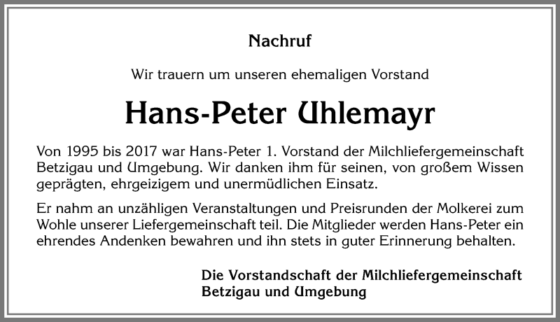  Traueranzeige für Hans-Peter Uhlemayr vom 02.04.2019 aus Allgäuer Zeitung,Kempten