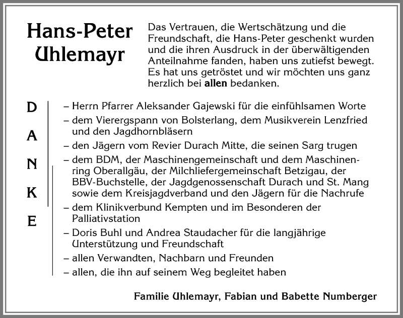  Traueranzeige für Hans-Peter Uhlemayr vom 13.04.2019 aus Allgäuer Anzeigeblatt