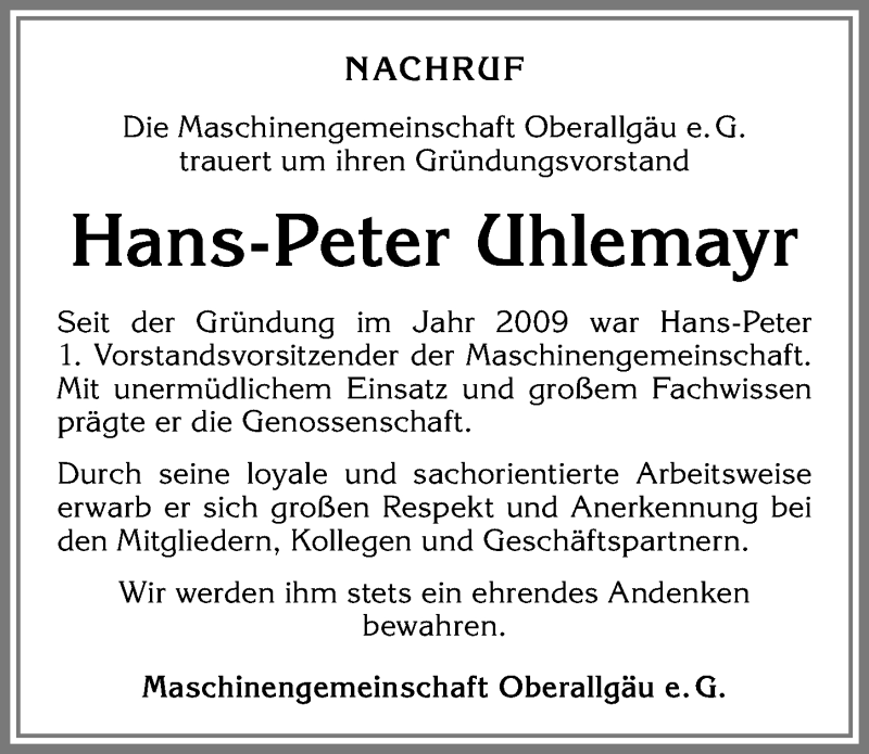  Traueranzeige für Hans-Peter Uhlemayr vom 03.04.2019 aus Allgäuer Zeitung,Kempten