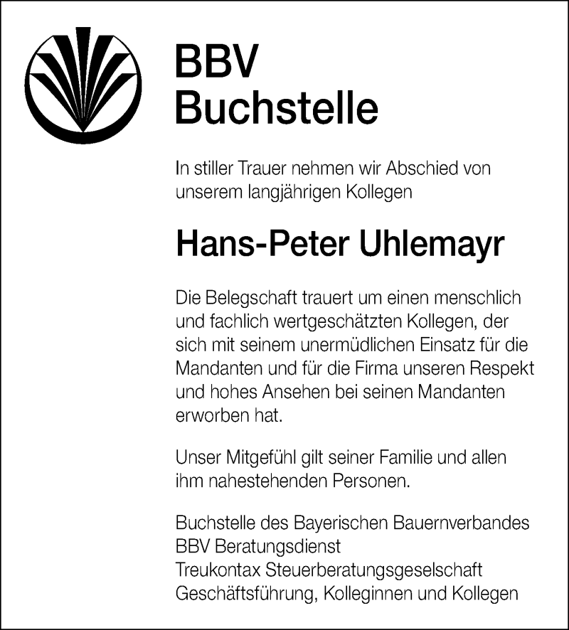  Traueranzeige für Hans-Peter Uhlemayr vom 02.04.2019 aus Allgäuer Zeitung,Kempten