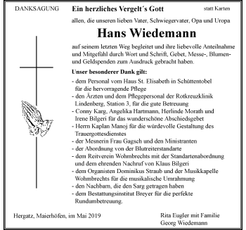 Traueranzeige von Hans Wiedemann von Der Westallgäuer