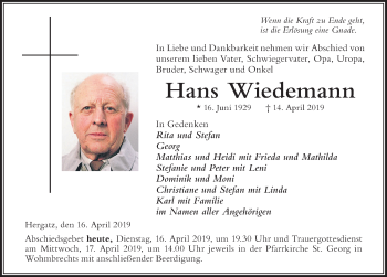 Traueranzeige von Hans Wiedemann von Der Westallgäuer