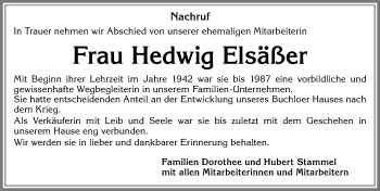 Traueranzeige von Hedwig Elsäßer von Allgäuer Zeitung, Kaufbeuren/Buchloe