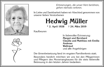 Traueranzeige von Hedwig Müller von Allgäuer Zeitung, Kaufbeuren/Buchloe