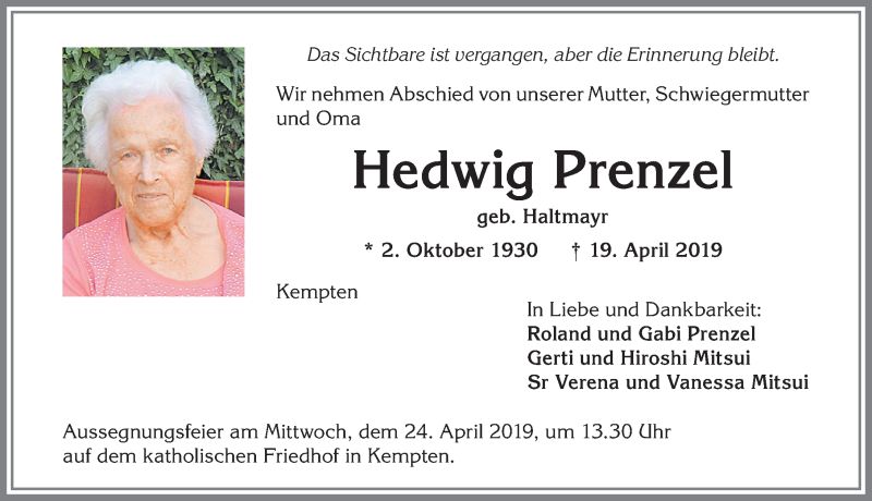  Traueranzeige für Hedwig Prenzel vom 23.04.2019 aus Allgäuer Zeitung,Kempten